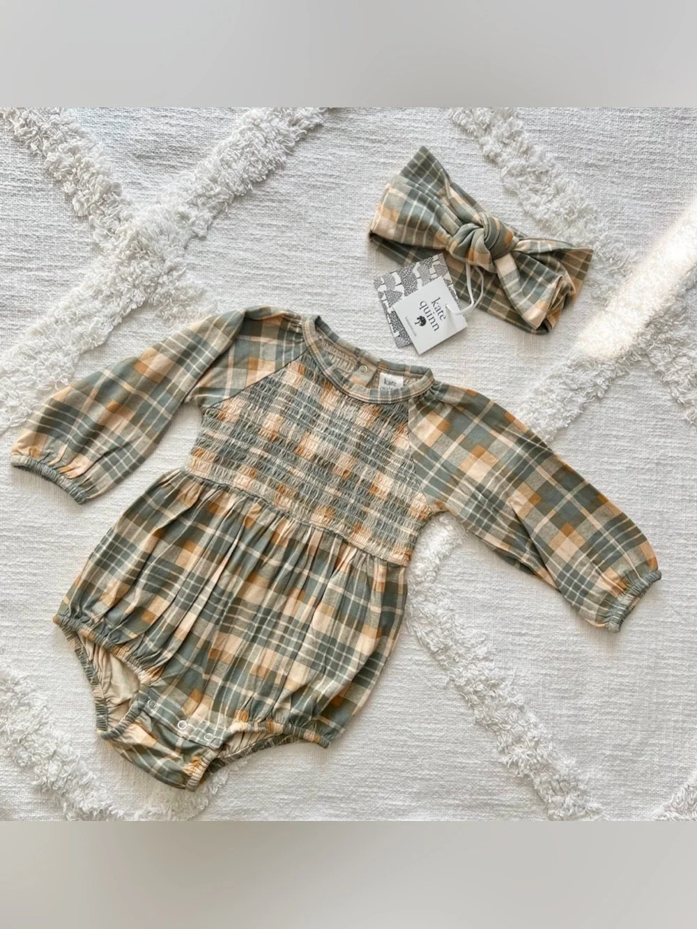 kate quinn Sage and Cream Plaid Smocked Baby Romper with Headband